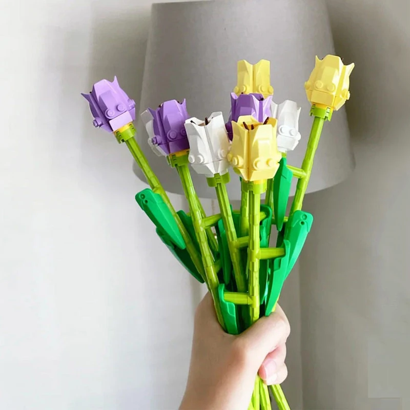 

Flower Building Blocks Tulip Simulation Bouquet Home Furnishings DIY Plant Bonsai Flower Block Assembly Model Toy Girl Gift