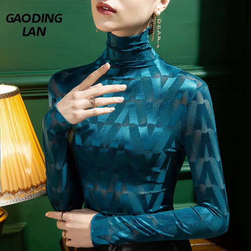 

Осенне-зимняя Женская водолазка с длинным рукавом в клетку, винтажная облегающая кружевная нижняя рубашка, Женский облегающий сексуальный топ