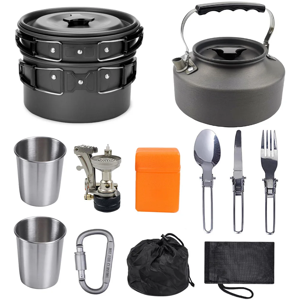 

A770 Outdoor Camping Picnic Travel 2-3 People Teapot Pot Cooker Combination Portable Stove Accessories Kettle Tableware Set
