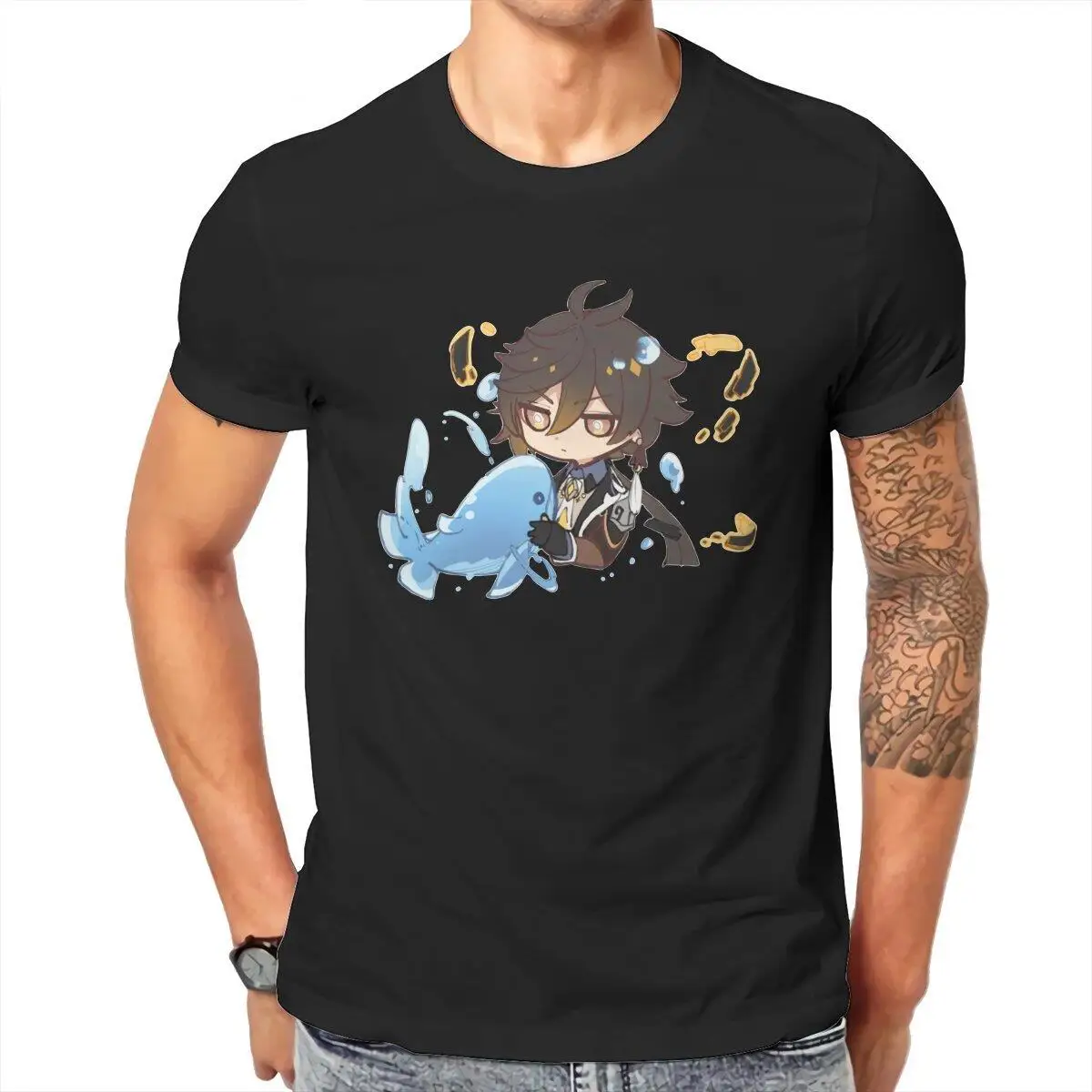 Men's Kawaii Chibi Zhongli  T Shirts Genshin Impact Anime Cotton Clothing Vintage Short Sleeve Tee Shirt Original T-Shirt