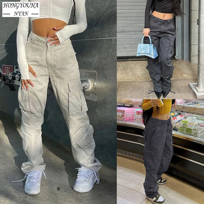 Y2K Fashion White Cargo Pants Women Retro Gray Overalls Jeans Casual Pants Streetwear Female Clothing High Waist Trousers 2022