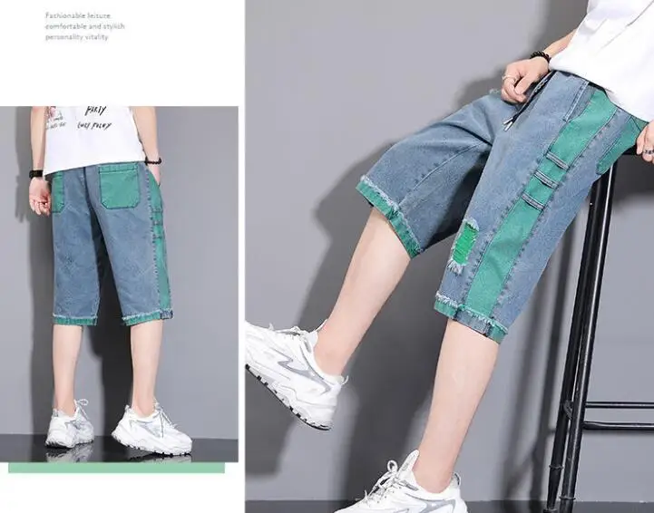 Summer thin Ripped Jeans Men's Slim Beggar Denim  Pants Calf-Length Pants Patchwork Jeans
