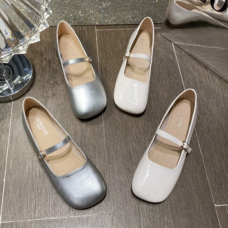

silver leather flat shoes woman square toe ankle strap loafers soft bottom mules brand ballet flats