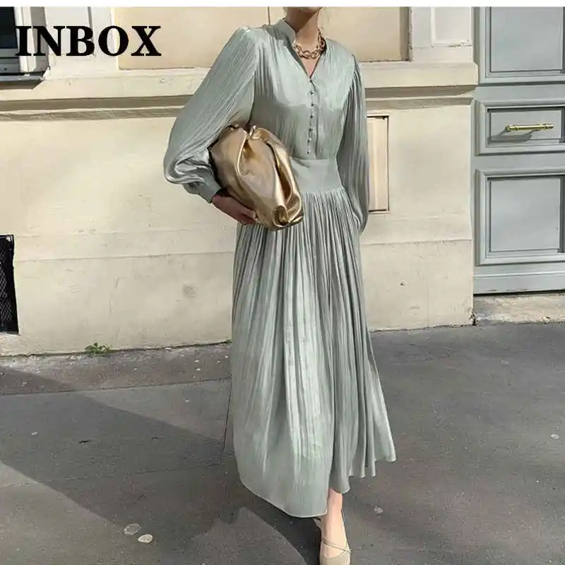 

INBOX Long Sleeve Going Out Dress 2023 Summer Green Satin Pleats Swing Dresses Woman