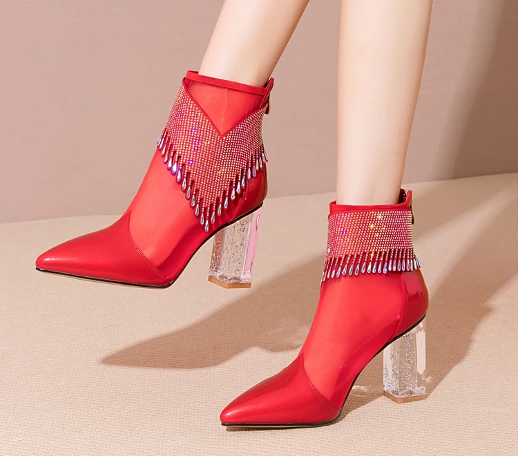 

Spring and Autumn New Sexy Pointed Mesh Transparent Crystal Thick-heeled Ankle Boots High-heeled Back Zipper Women's Boots