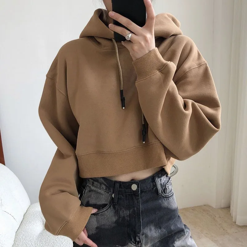 

Однотонная укороченная Толстовка Y2k в стиле хип-хоп, Женский Повседневный базовый свитшот в стиле Харадзюку, винтажный Топ оверсайз с длинным рукавом для женщин