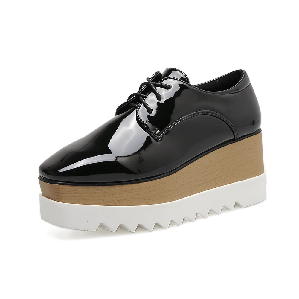 In The Spring And Autumn Of 2023, The New Patent Leather Square Head Lace-Up With Thick Bottom Increased Casual Shoes For Women.