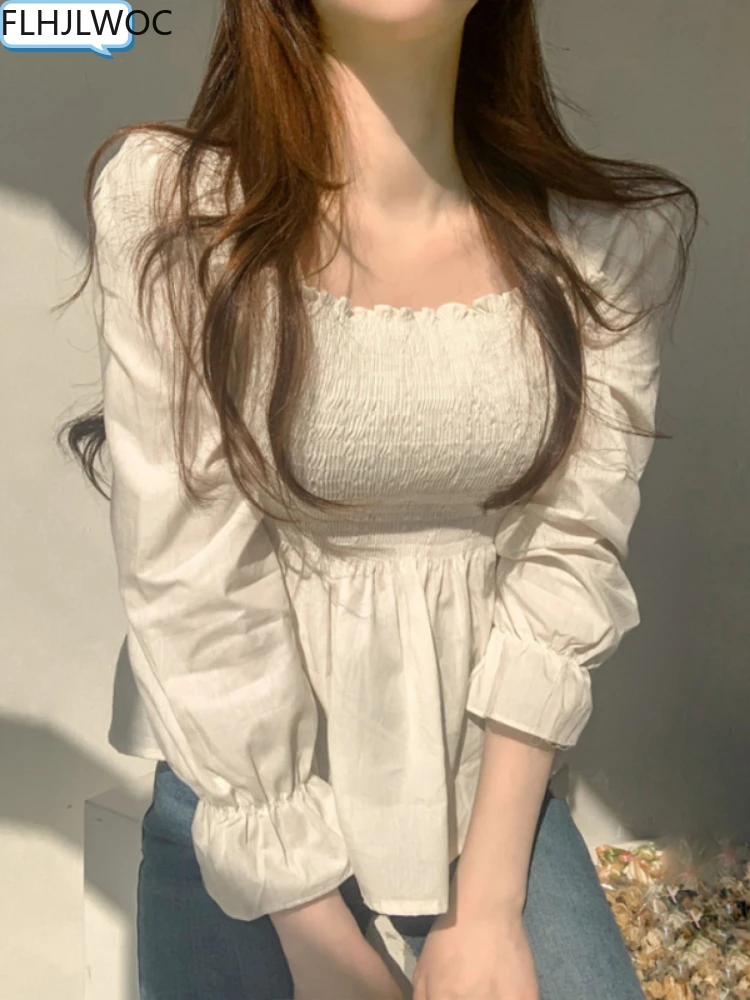 2022 Spring Summer Korea Chic Tops Blusas Flhjlwoc Design Short Crop Peplum Floral Print Sexy Off Shoulder Women Blouses 3-330