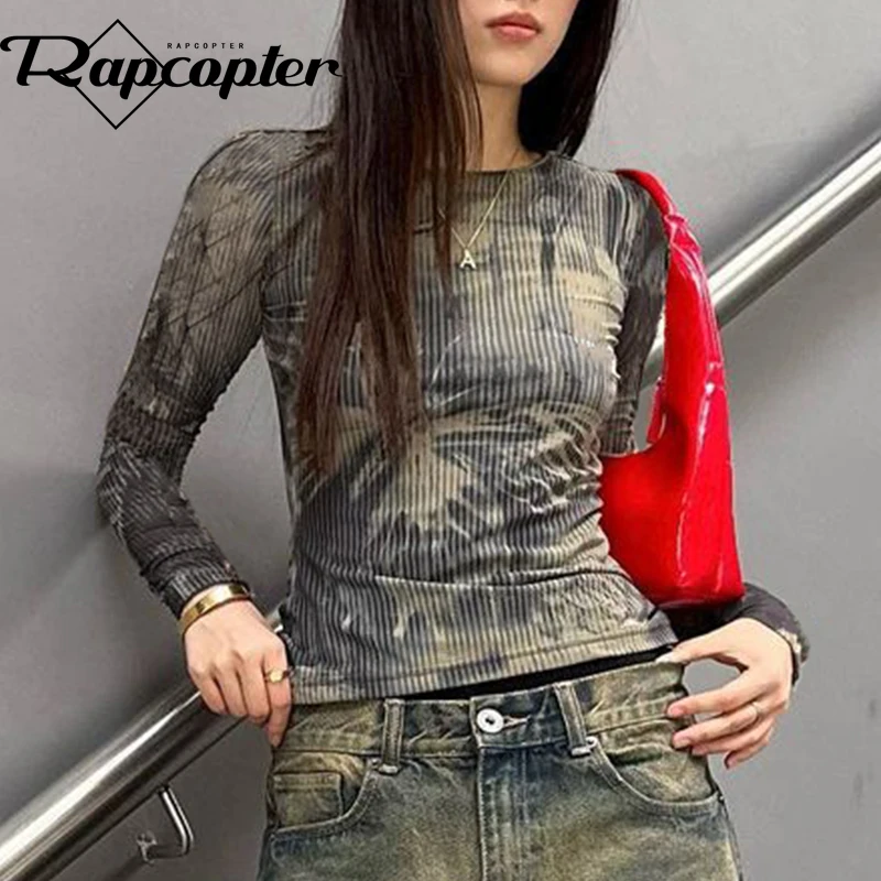 

Rapcopter y2k Butterfly O Neck Crop Top Vintage Tie Dye Mesh Full Sleeve T Shirt Women Korean Autumn Winter Tee Harajuku Chic