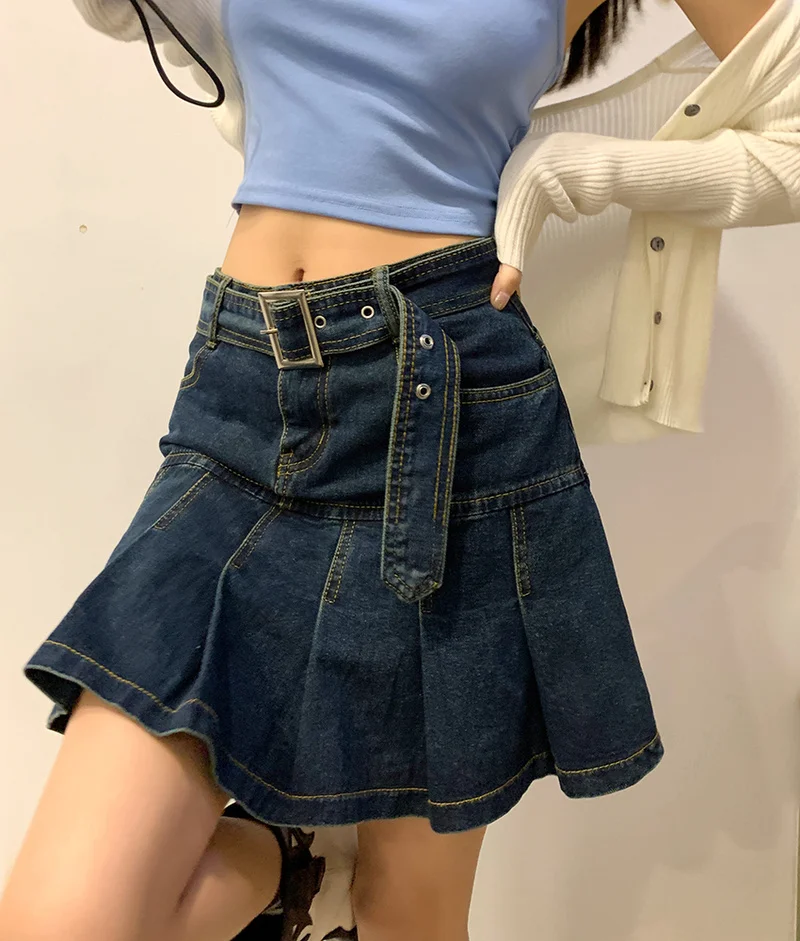 

Summer Women's Skirt Korean Fashion Solid Color Sexy Denim A-line Pleated Mini Female Clothing