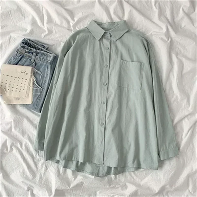 

Korean Women Preppy Style Solid Color Shirt Fashion Turn Down Collar Blouse New Autumn Loose Long Sleeve Tops Clothes 30269