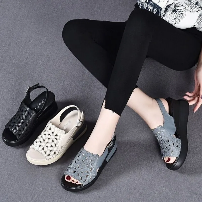 

Lady High Heel Buckle Strap Casual Summer Wedge Shoes for Women Sandals Open Toe Platform Hollow Flowers Retro Female Sandalias