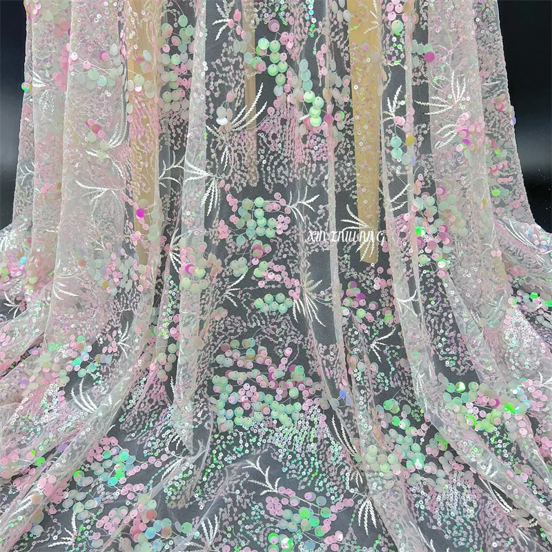 Иллюзия розовая ветка 9 мм жемчужная блестящая ткань для свадебного платья