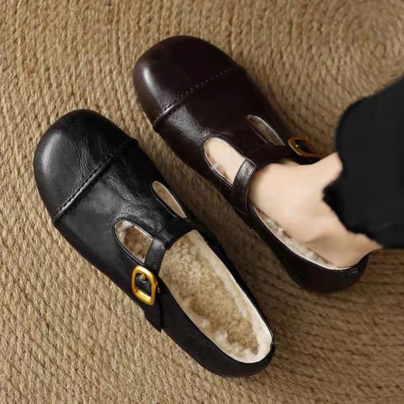 Женские хлопковые туфли на плоской подошве меховые Мэри Джейн короткие плюшевые