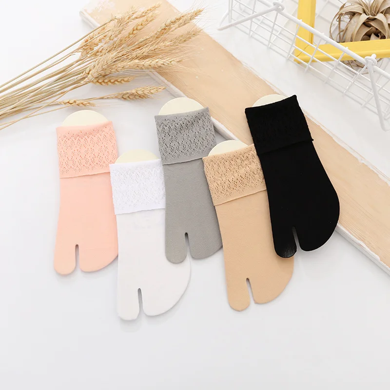 5 Pairs Summer Nylon 2 Finger Socks Woman Girl Lace Mesh Breathable Thin Solid Elastic Loose No Heel Harajuku Silk Socks Toes