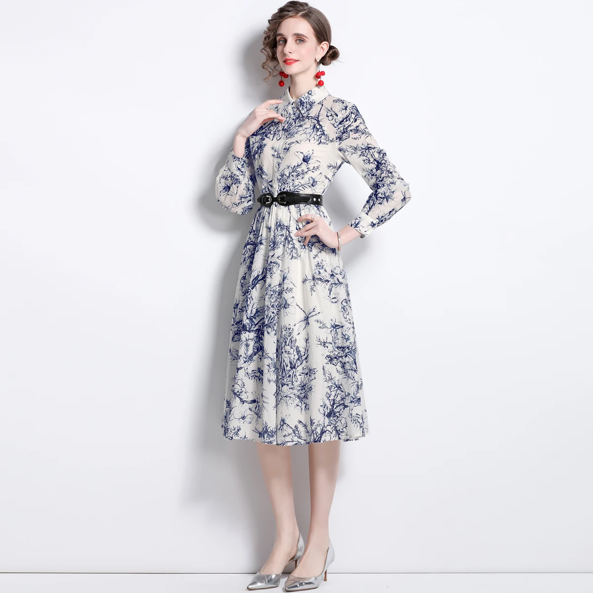 

Aibeautyer New Casual Spring Autumn Floral Print Slim Lady Full Dress A Line Turndown Collar Single Breasted Women Dresses