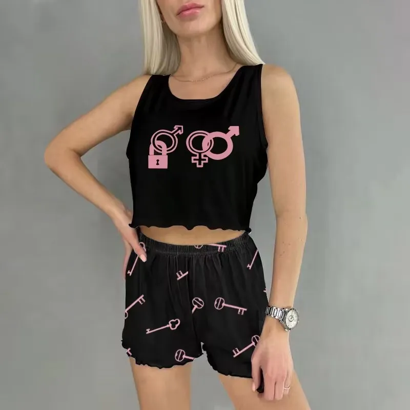 Cartoon Printed Pajamas Women's Vest Shorts Short Style Nightdress Suit Stylish Sexy Two-piece Pajamas Home Clothes Suit