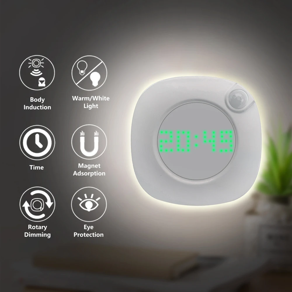 LED Night Light PIR Motion Sensor with Time Clock Brightness Battery Power 2 Lighting Color for Home Bedroom Stairs Wall Lamp