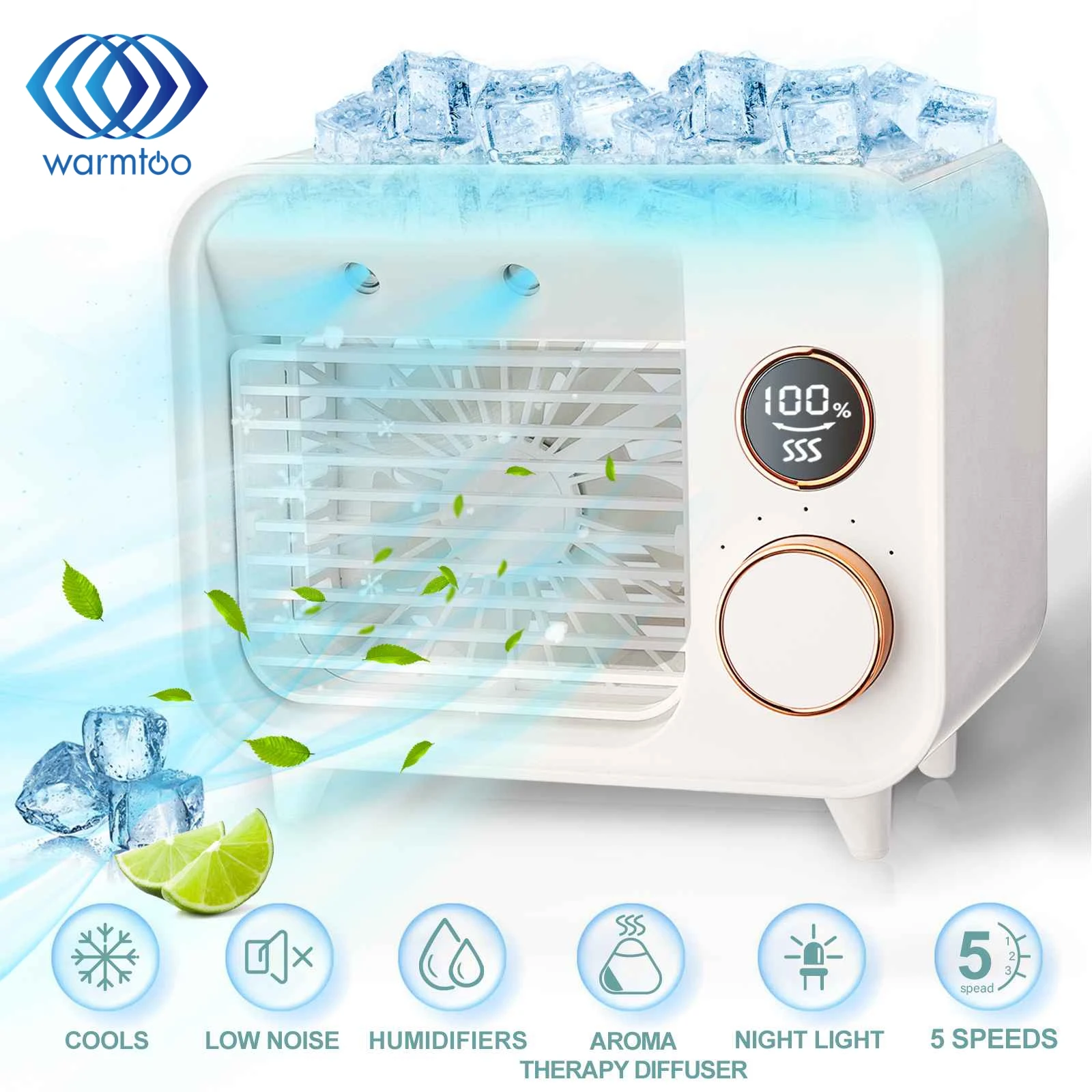 Portable Mini Air Conditioner Air Cooler Spray Water Cooling Fan Humidifier LED Light 5 Speeds Desk Personal AC Fan for Office