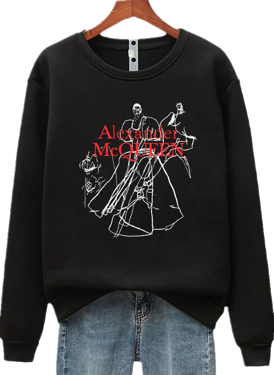 McQueen New Unisex Hand Painted Letter Printed Long Sleeve Crew Neck Pullover Casual Sweatshirts