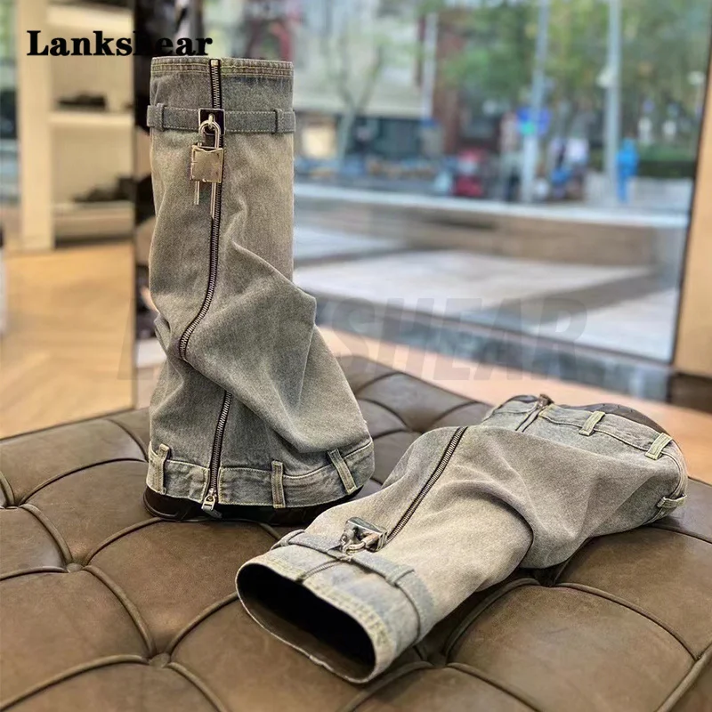 

Lock Denim Mid Calf Boots Thick Sole Turned-Over Edge Women New In Novelty Streetwear Trending Cowboy Biker Boot Metal Lock Boot