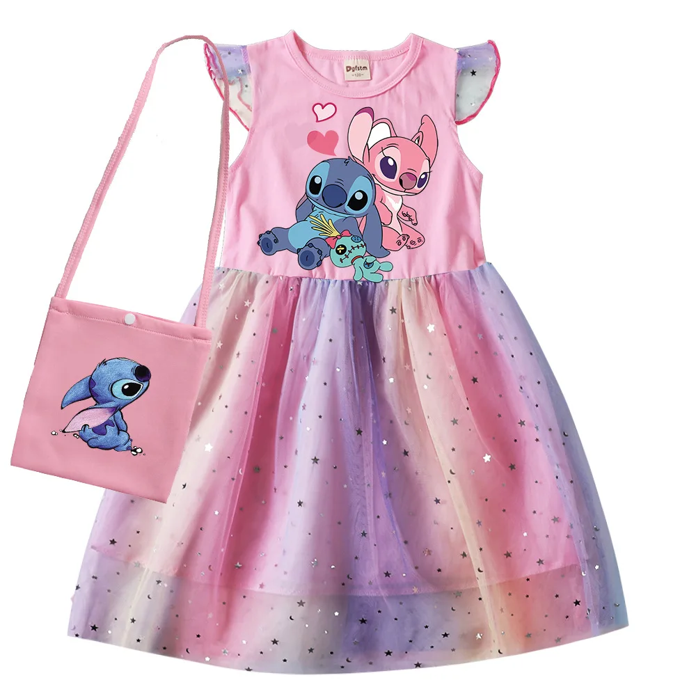 

Stitch High Quality Summer Short Sleeve Dress + Bag Girls Cotton Fashion Comfort Print Baby Girl Girl Princess Clothing