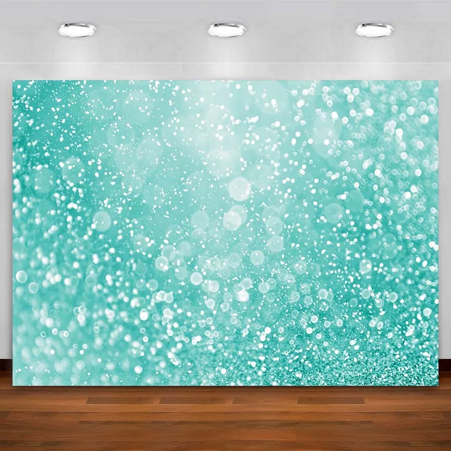 

Teal Blue Glitter Photography Backdrop Mint Green Bokeh Photo Background Birthday Party Banner Wedding Baby Shower Vinyl 7x5ft