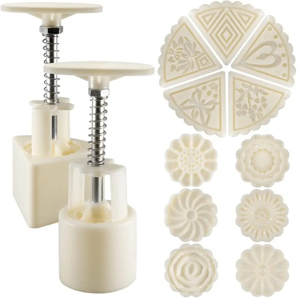 

2 sets mooncake mold press 50g with 11 stamps flower and triangle shape decoratio tools for baking diy cookie white