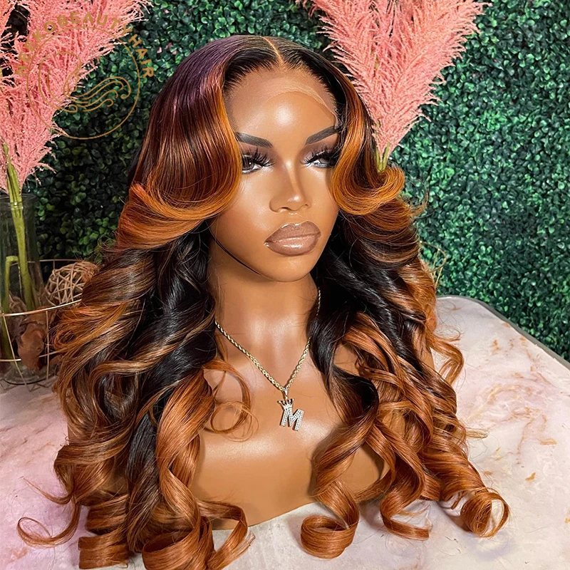 Ombre Ginger Brown Colored 13x6 Transparent Lace Frontal Wig Pre-Plucked Highlight Front Human Hair Wigs For Women
