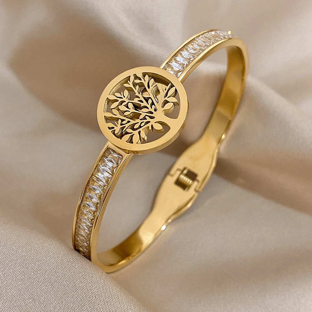 Браслет-манжета из нержавеющей стали с цирконом инкрустированный деревом жизни