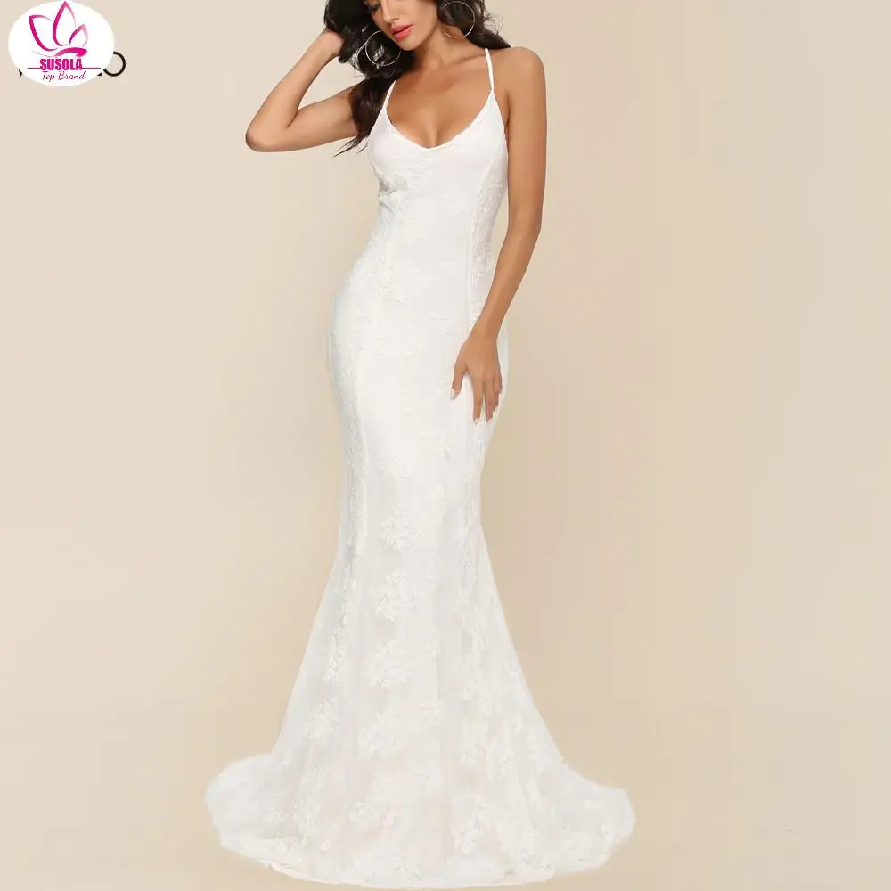 

Summer Long White Party Dress Women Ladies Spaghetti Strap Lace Maxi Dress Formal Wedding Evening Party Ball Prom Gown Dresses
