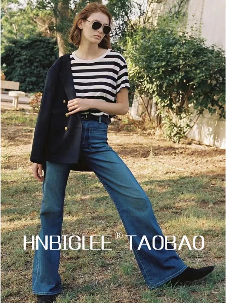 

High Quality Summer Women Fashion Runway Designer High Waist Pocket Vintage Slim Flare Elasticity Cotton Cowboy Long Pants