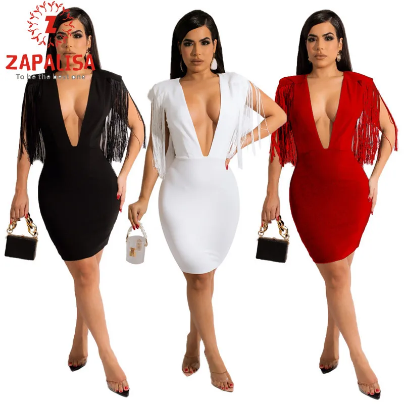 

Night Club Style Solid Color Pencil Dress for Women Patchwork Design Tassel Decor Deep V Half Sleeve High Waist Slim Hips Dress