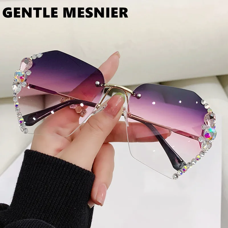 Ladies Fashion Brand Design Vintage Rimless Rhinestone Sunglasses Women Men Retro Cutting Lens Gradient Sun Glasses Female UV400