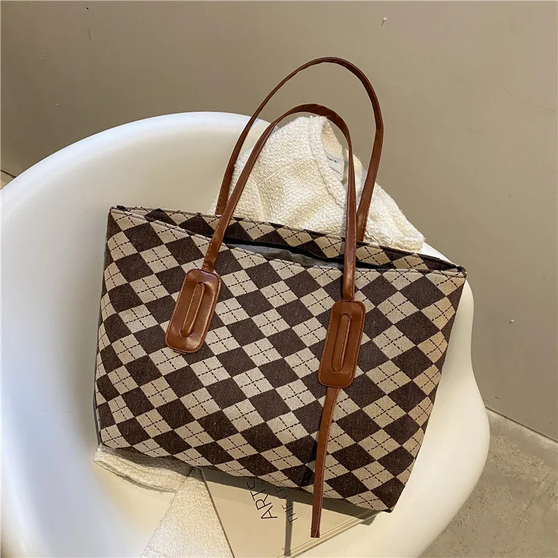 

Fashion Luxury Brand Design Ladies Plaid Dating Party Shoulder Handbag Large Capacity Shopping Travel Beach Tote Bag For Women