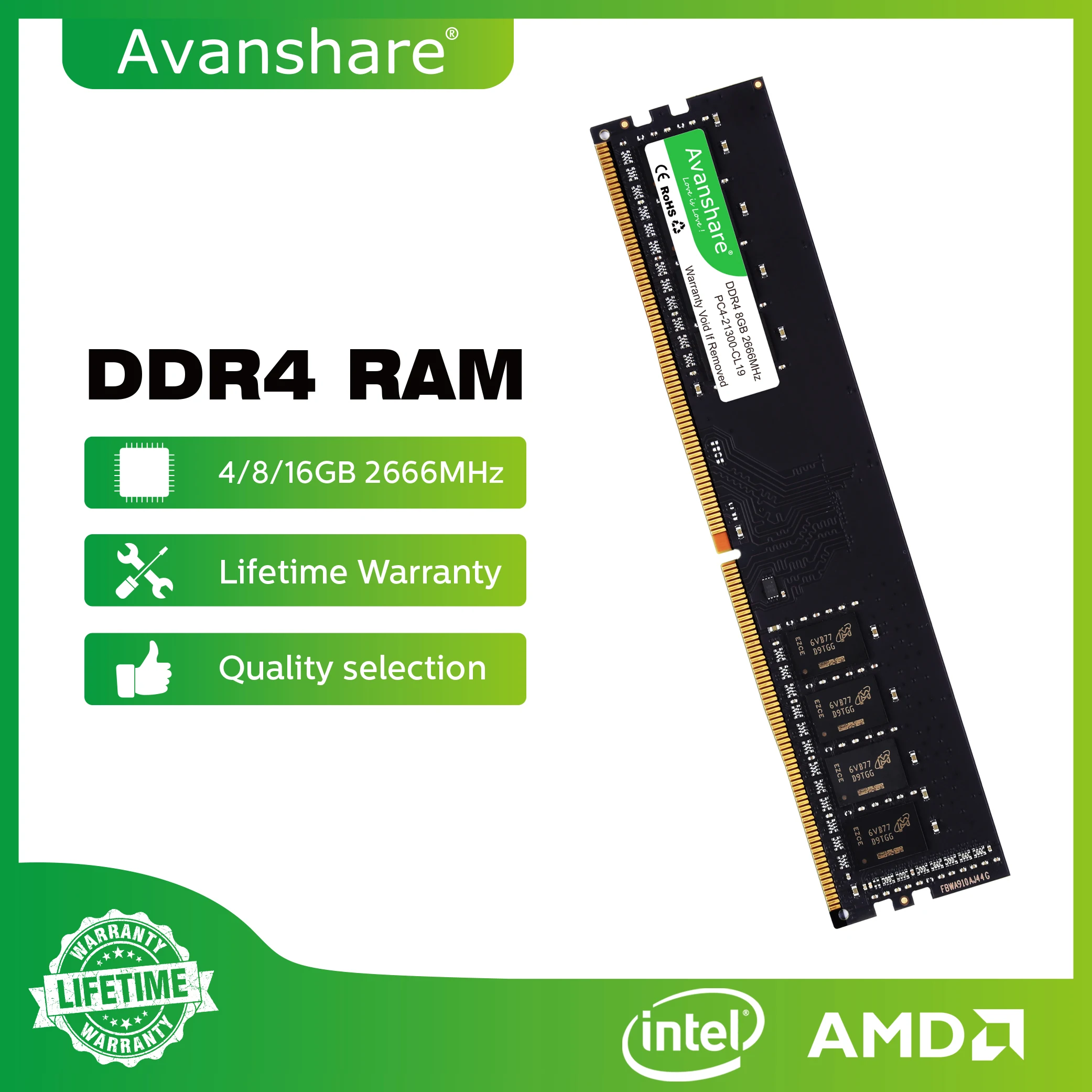 Avanshare Memoria Ram DDR4 4GB 8GB 16GB 32GB 2400MHz 2666MHz 3200MHz 288Pin For Desktop Computer Intel AMD