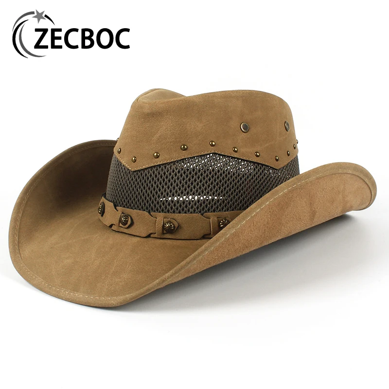 

Unisex Western Cowboy Hat Ladies 100% Leather Fedoras Wide Brim Hat For Gentleman Dad Cowgirl Jazz Riding Hat Women Men Big Size