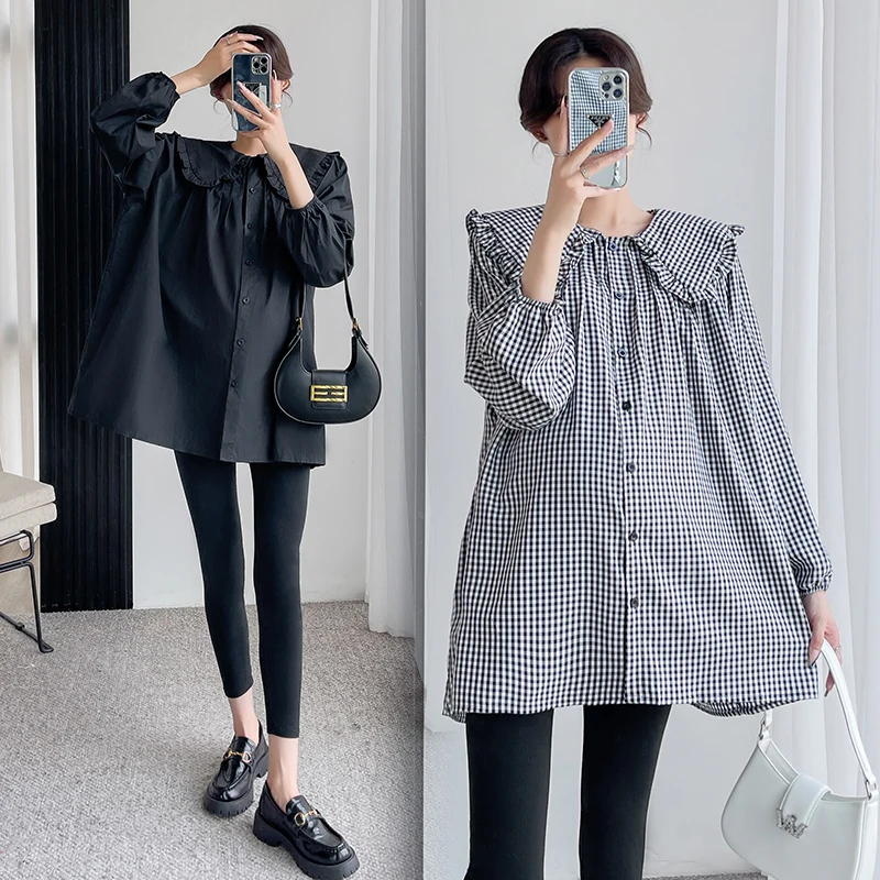 Summer Plaid Maternity Blouse Sweet Lovley Loose Tunic Shirt Clothes for Pregnant Women Pregnancy long seelve Tops