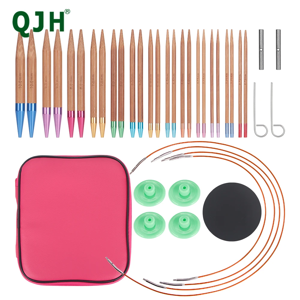 

QJH Interchangeable Knitting Wooden Needles Set- Standard Length Size US2-US15 / 2.75mm-10mm PU Storage Bag - Gift Hobby