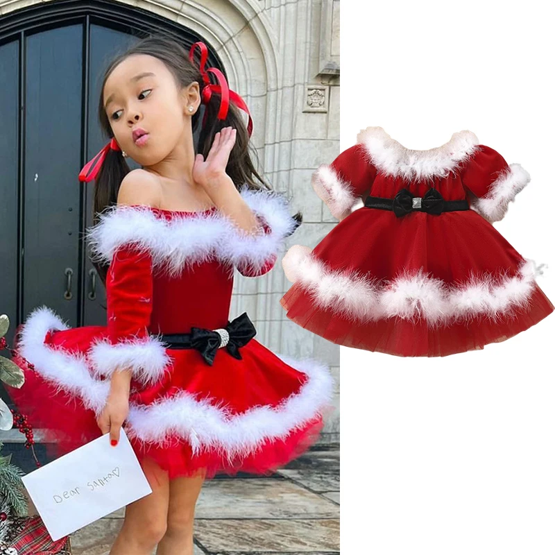 

New Christmas Clothing Baby Girls Red Velvet Feather Princess Dress Toddler Kids Fashion Xmas New Year Costume Children Vestidos