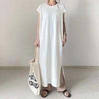 womens dress casual ins summer round neck chest patch pocket slit slim slim dress with dolman sleeves korea japan style elegant