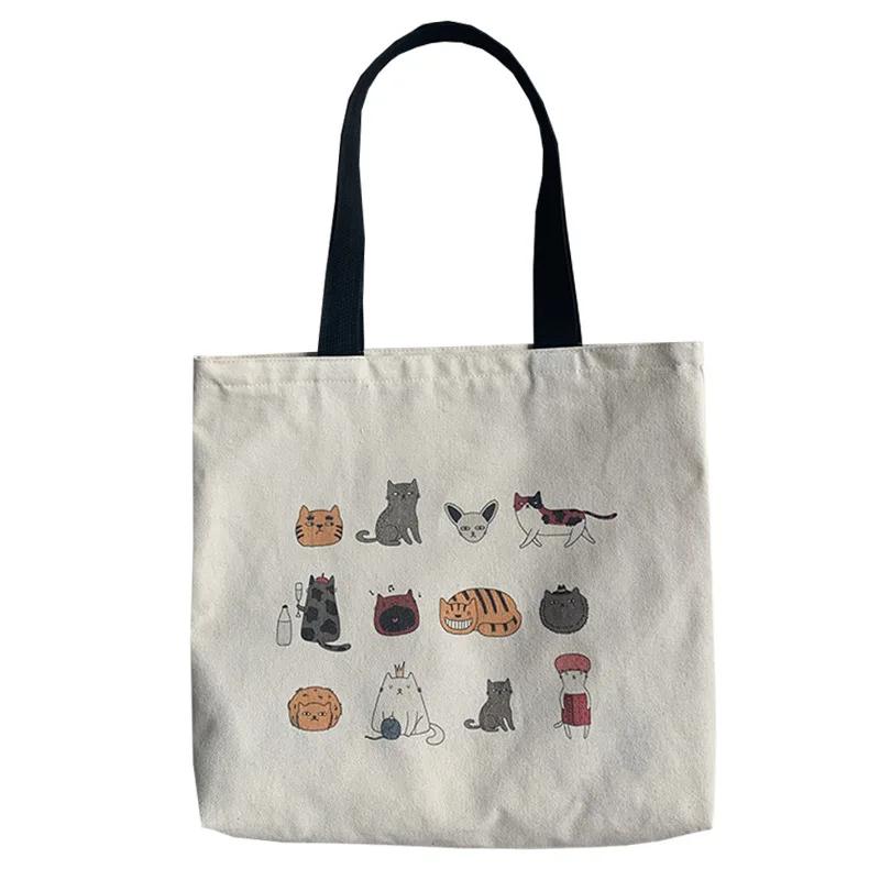 

Cute Cartoon Cats Canvas Bag for Girl Women Cloth Shoulder Bag with Zipper Reusable Grocery Shopper Bag Beige Eco Handbag Tote