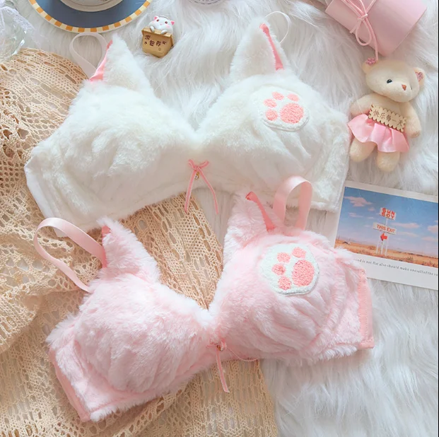 Sweet lolita Autumn and winter cat paw plush underwear for women comfortable and cute Japanese girl ears bra and panty set