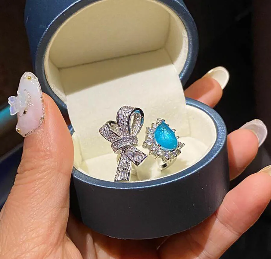 

Fashion bow blue gem drop ring for women open index finger ring personality vintage romance fashion jewelry