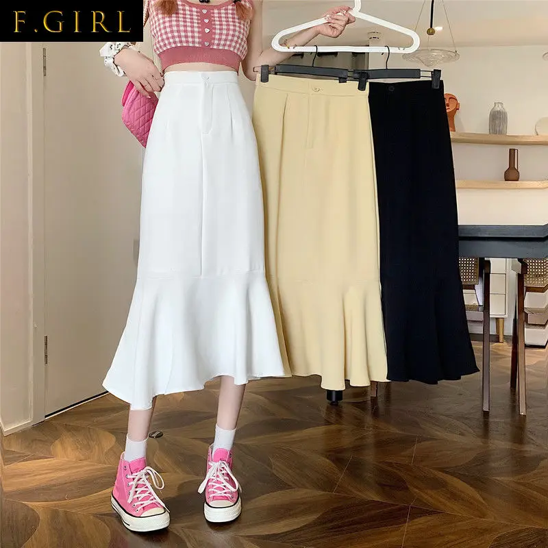 

F GIRLS 2022 New Summer Ruffled Formal Skirts Women Fashion Elegant High Waist Black White Long Mermaid Skirt Female