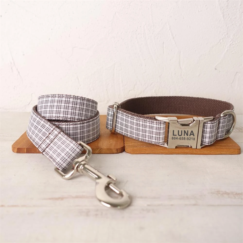Personalized Dog Collar Custom Pet Collar Free Engraving ID Name Tag Pet Accessory Brown White Plaid Puppy Collar Leash