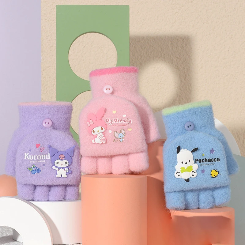 

Kawaii Sanrio Fingerless Gloves Cartoon Anime Kuromi My Melody Pachacco Sweet Plush Gloves Girl Autumn Winter Warm Accessories