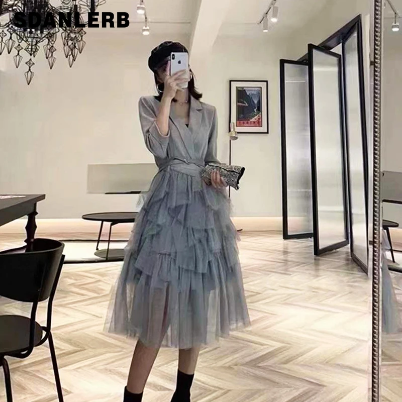 

2022 Early Spring Modern Fashionable Suit Dress Temperament Wild Socialite Goddess High Waist Slimming Spun Yarn Midi Dress
