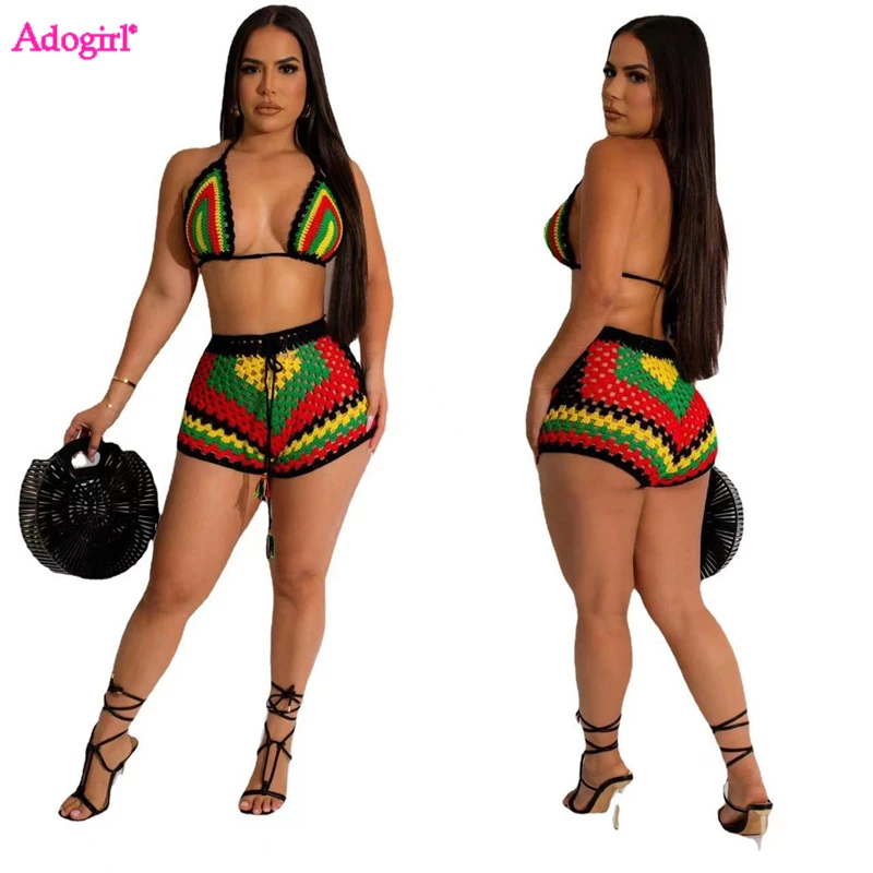 Adogirl Color Patchwork Hand Crochet Knit Two Piece Set Women Sexy Lace Up Halter Bra Tops Drawstring Shorts Summer Beach Suits
