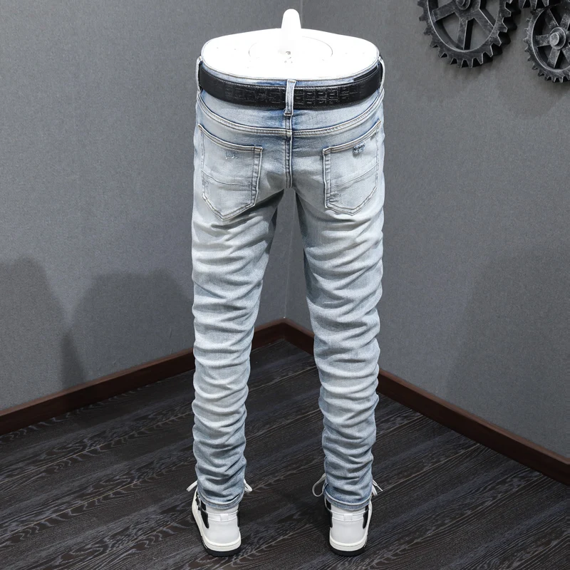 Street Fashion Men Jeans High Quality Retro Light Blue Elastic Stretch Skinny Fit Ripped Jeans Men Hip Hop Brand Designer Pants